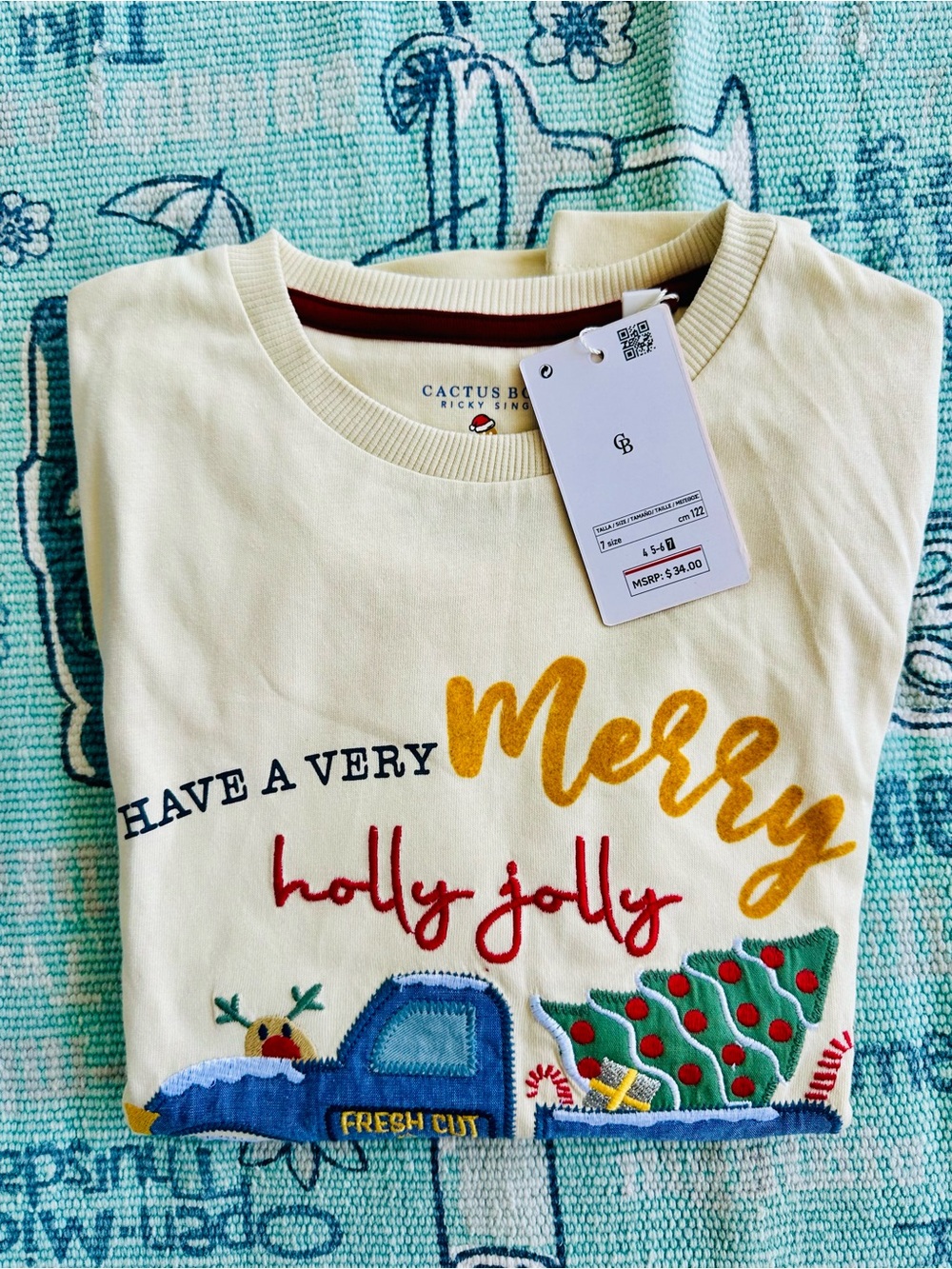 Kida "Merry Holly Jolly" Cream Holiday Long Sleeve Cotton Shirt Size 7